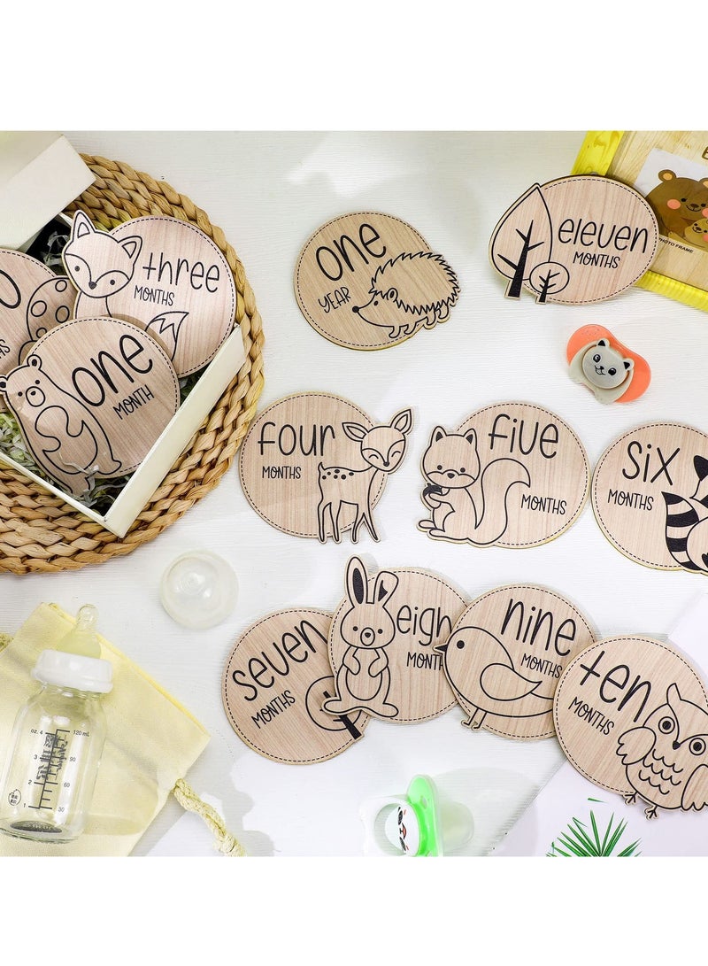 Generic Baby Monthly Milestone 12 Pcs Wooden Baby Milestone Cards with Linen Bag Wooden Newborn Welcome Discs Sign Round New Baby Sign Sided Cute Animal Printed Baby Announcement Cards for Boys Girls  - Image 2