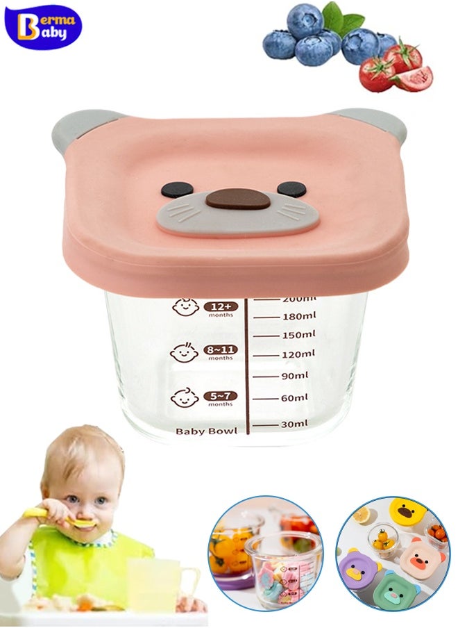 Berma Baby علبة طعام الأطفال الزجاجية المقاومة للتسرب، صندوق حفظ الطعام الطازج سعة 220 مل، صندوق تخزين زجاجي محكم الغلق، يمكن استخدامه لتخزين الوجبات الخفيفة وحليب الأم والميكروويف وغسالة الأطباق، ويمكن استخدامه كعلبة غداء، مناسب للسفر (وردي + رمادي)  - Image 1