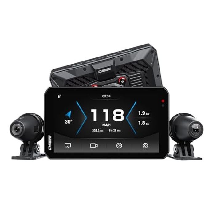 CHIGEE Aio-5 Evo Motorcycle Smart Riding System, Wireless Carplay & Android Auto, Dual 1080P Front & Rear Dash Cam, Blind Spot Detection (Bsd), 5" Waterproof Display, Parking Mode - Image 4