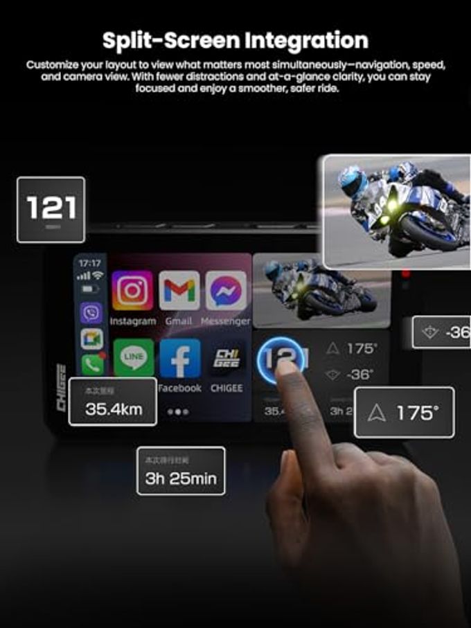 CHIGEE Aio-5 Evo Motorcycle Smart Riding System, Wireless Carplay & Android Auto, Dual 1080P Front & Rear Dash Cam, Blind Spot Detection (Bsd), 5" Waterproof Display, Parking Mode - Image 3