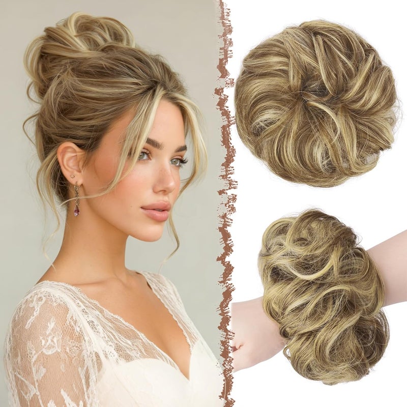 فيشبن قطعة شعر على شكل كعكة شعر، كعكة شعر اصطناعية مموجة مجعدة مطاطية سميكة، قطع شعر مرتفع، إضافات شعر ذيل حصان للنساء 55 جرام 1 قطعة رملية - Image 1