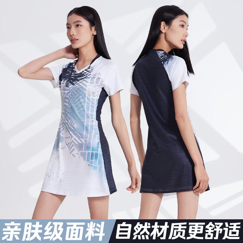 Generic Womens Tennis Suit dress suit Short-sleeved Training Suit Printed Sportswear Competition Suit Badminton Suit Quick-drying 8822 black dress [comes with lining]