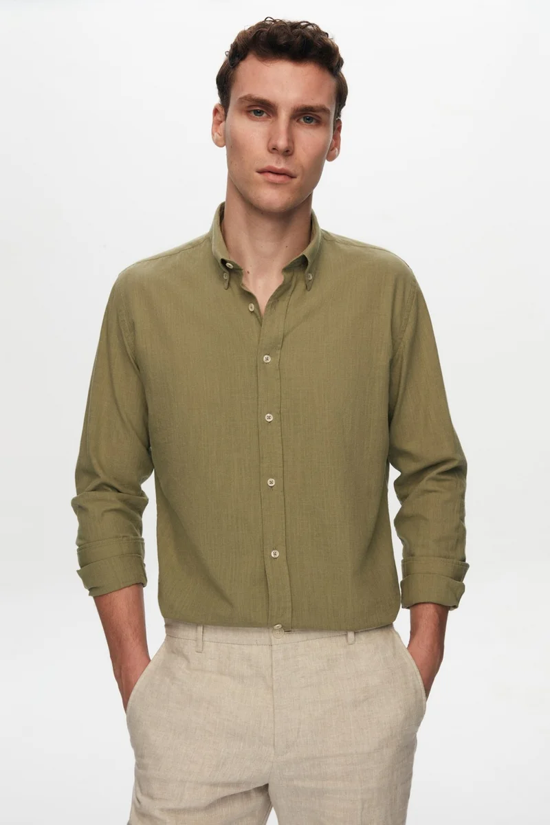 D'S DAMAT Slim Fit Green Button-down Collar 100% Cotton Summer Flamed Linen Look Shirt 6HC02ORT63265
