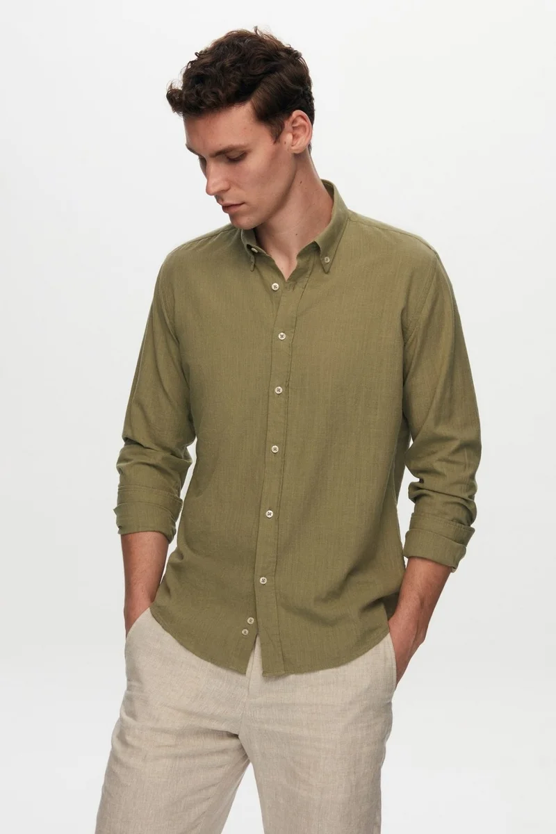 D'S DAMAT Slim Fit Green Button-down Collar 100% Cotton Summer Flamed Linen Look Shirt 6HC02ORT63265