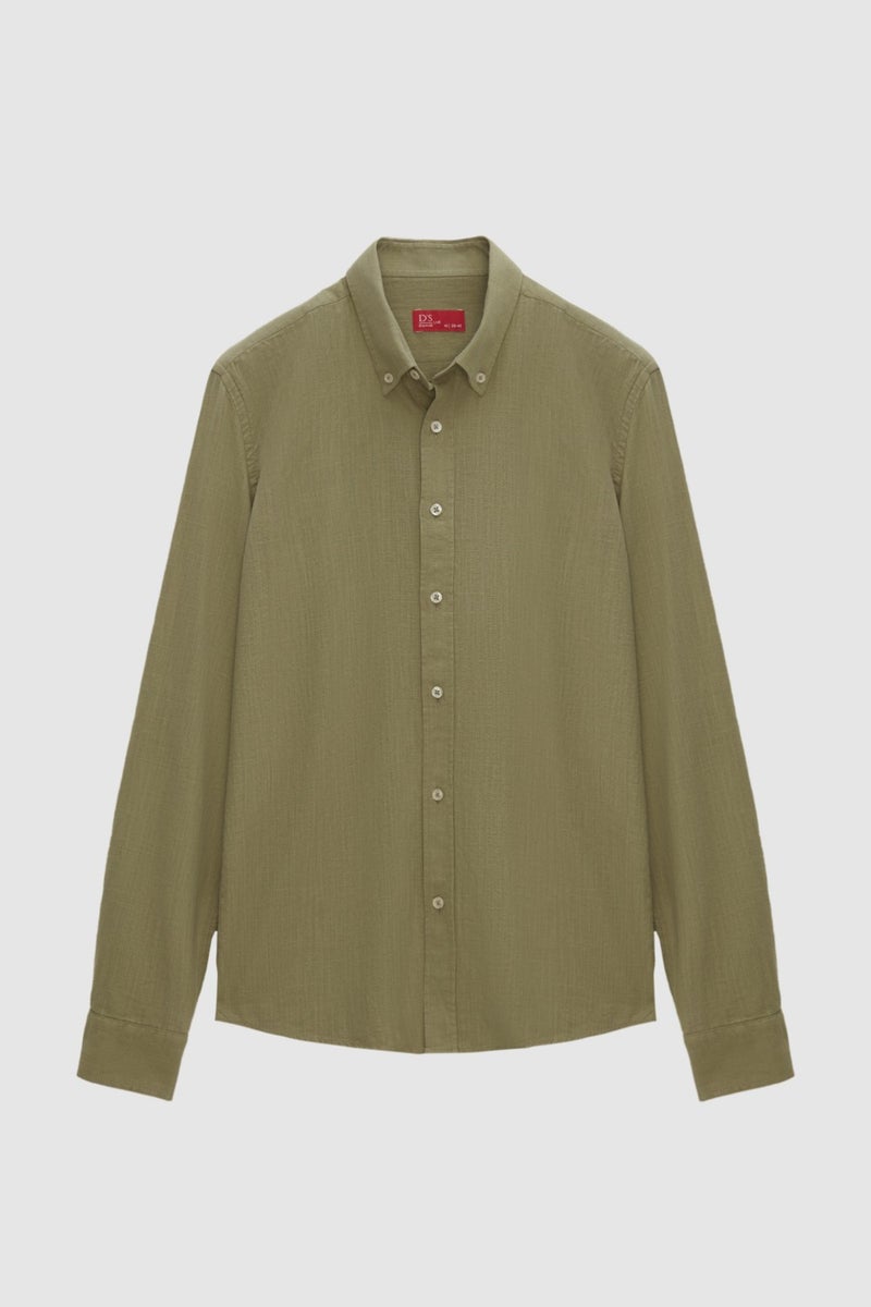 D'S DAMAT Slim Fit Green Button-down Collar 100% Cotton Summer Flamed Linen Look Shirt 6HC02ORT63265 - Image 5
