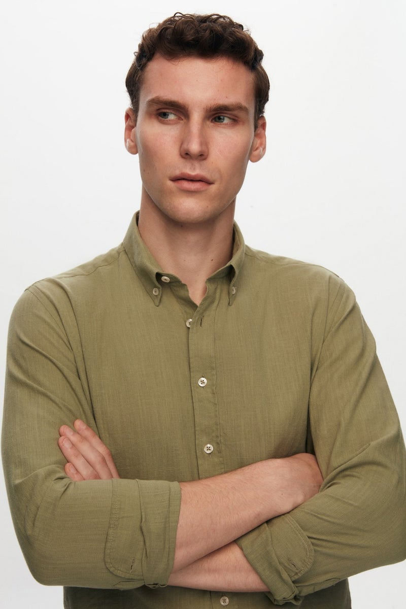 D'S DAMAT Slim Fit Green Button-down Collar 100% Cotton Summer Flamed Linen Look Shirt 6HC02ORT63265 - Image 3