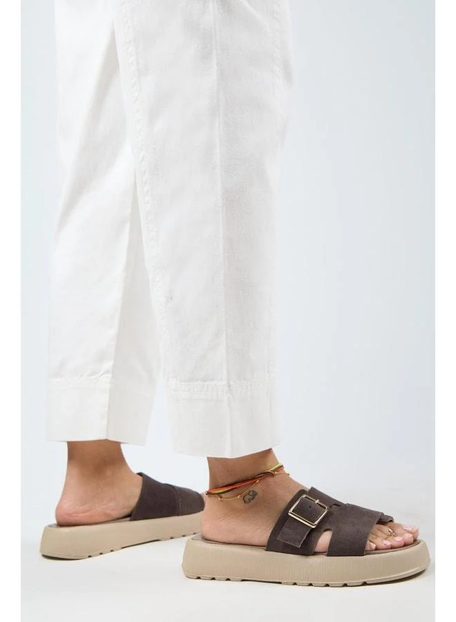 Begonia Women's Genuine Leather Buckle Brown Slippers - Brown