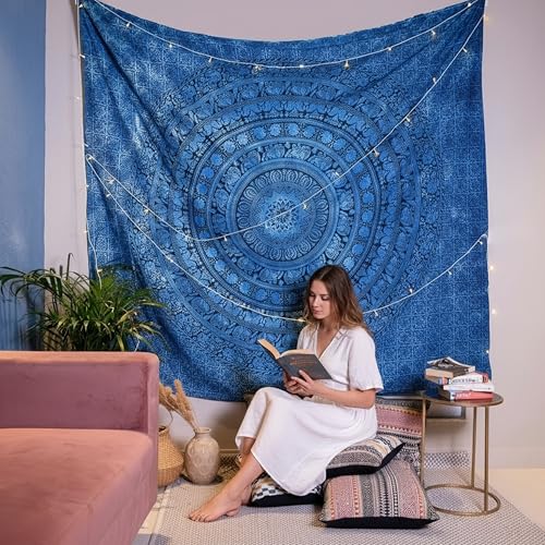 Craft Trade Cotton Tapestry Mandala Ombre Tapestry Bedspread Wall Hanging Cotton Bedsheet Asthetic Psychedelic Indian Bedspread Wall Art Décor - Blue - 54x84 Inches - Image 1