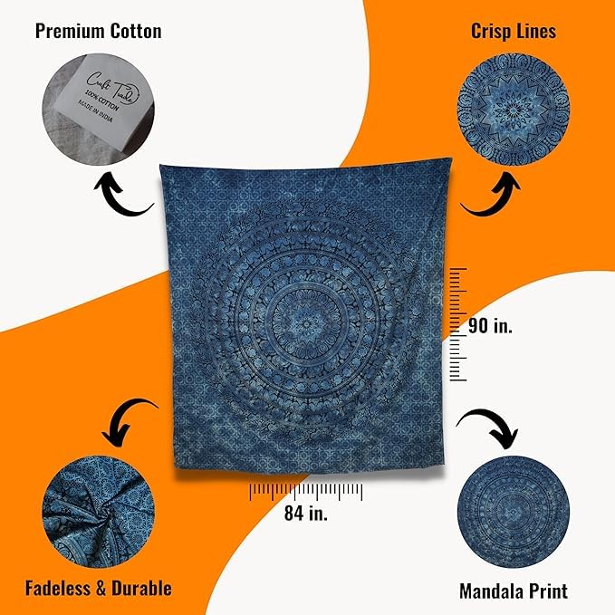 Craft Trade Cotton Tapestry Mandala Ombre Tapestry Bedspread Wall Hanging Cotton Bedsheet Asthetic Psychedelic Indian Bedspread Wall Art Décor - Blue - 54x84 Inches - Image 2
