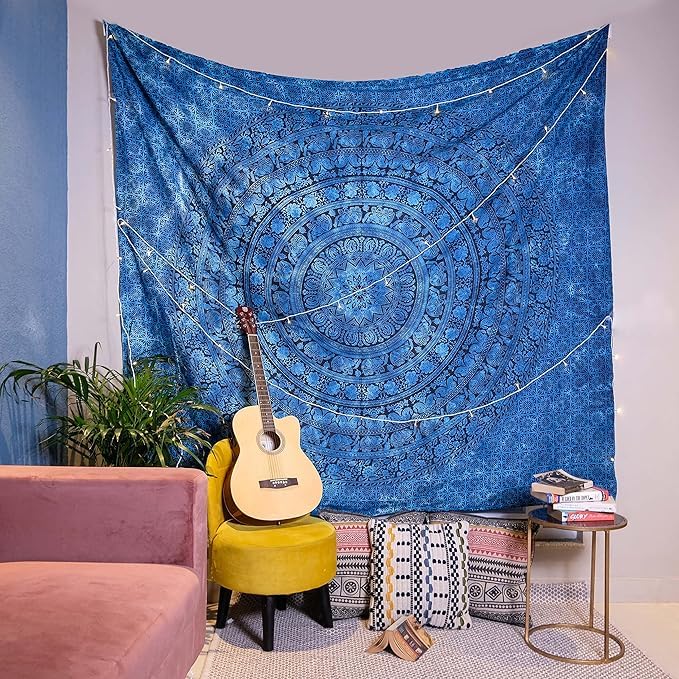 Craft Trade Cotton Tapestry Mandala Ombre Tapestry Bedspread Wall Hanging Cotton Bedsheet Asthetic Psychedelic Indian Bedspread Wall Art Décor - Blue - 54x84 Inches - Image 4