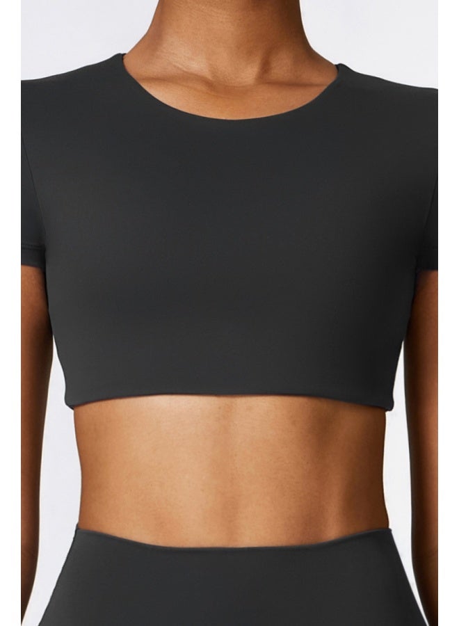 KAWN.YOGA KAWN YOGA Womens Crop Top Shirt Short Sleeves - Padded Low Impact Workout Yoga Shirt with Removable Built in Bra  - Image 2