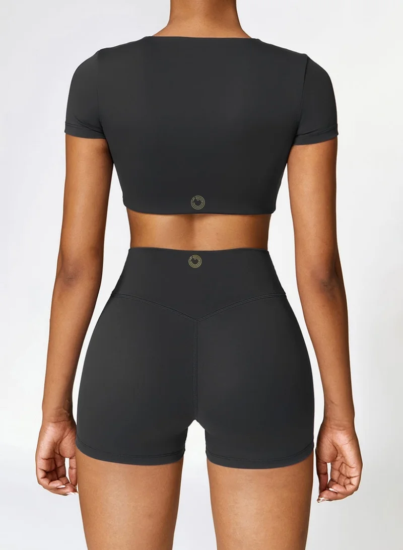 Kawn.yoga Black Womens Crop Top Shirt Short Sleeves - Padded Low Impact Workout Yoga Shirt with Removable Built in Bra for Women | Best Price UAE