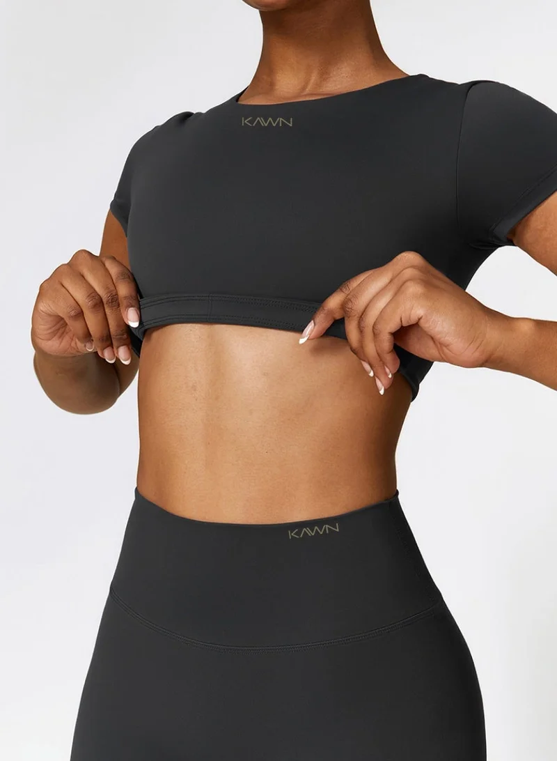 Kawn.yoga Black Womens Crop Top Shirt Short Sleeves - Padded Low Impact Workout Yoga Shirt with Removable Built in Bra for Women | Best Price UAE