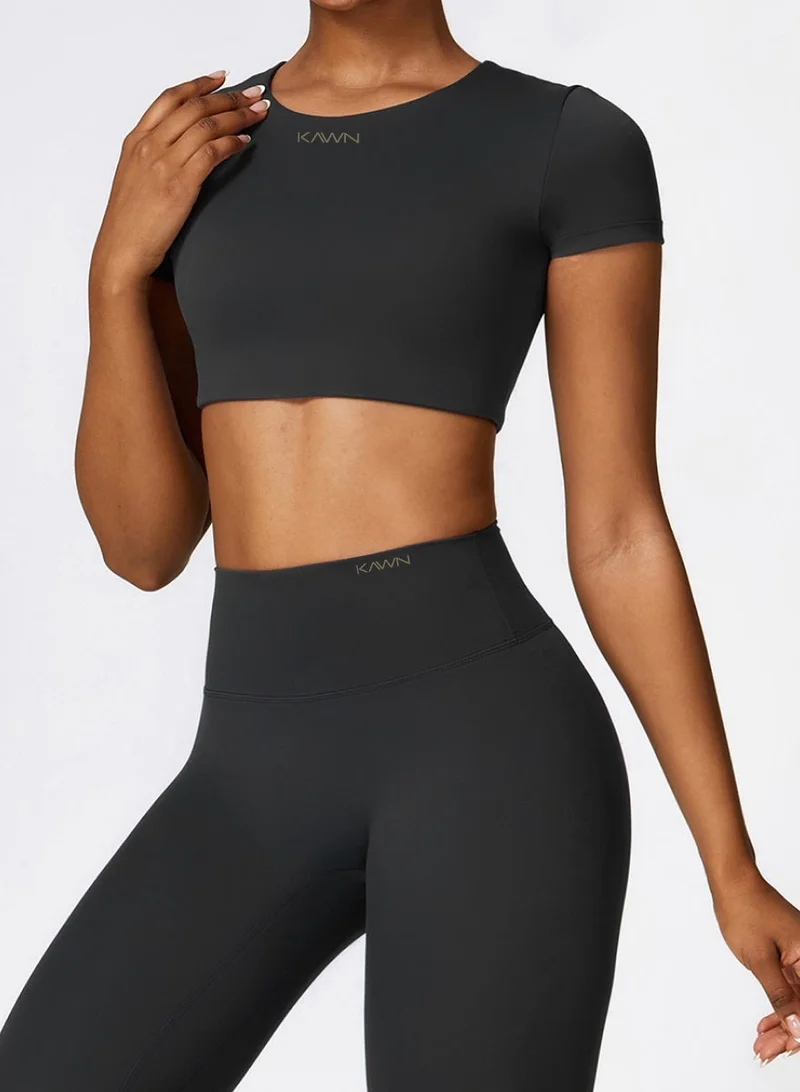 Kawn.yoga Black Womens Crop Top Shirt Short Sleeves - Padded Low Impact Workout Yoga Shirt with Removable Built in Bra for Women | Best Price UAE