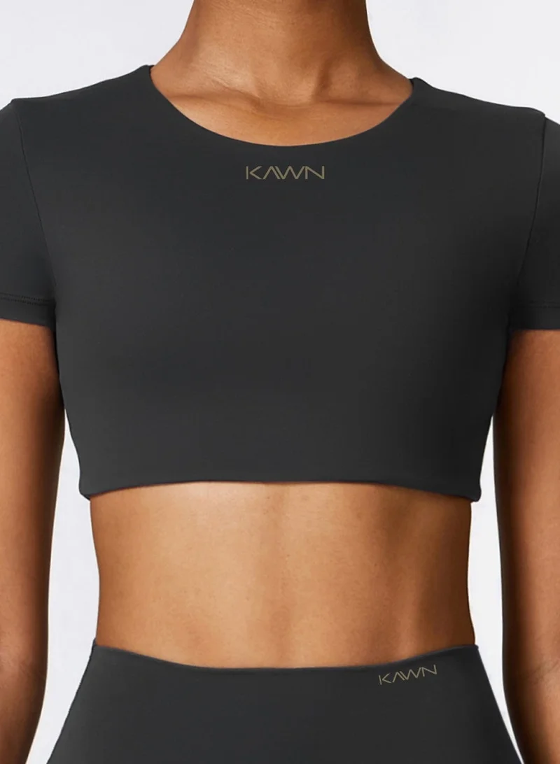 Kawn.yoga Black Womens Crop Top Shirt Short Sleeves - Padded Low Impact Workout Yoga Shirt with Removable Built in Bra for Women | Best Price UAE