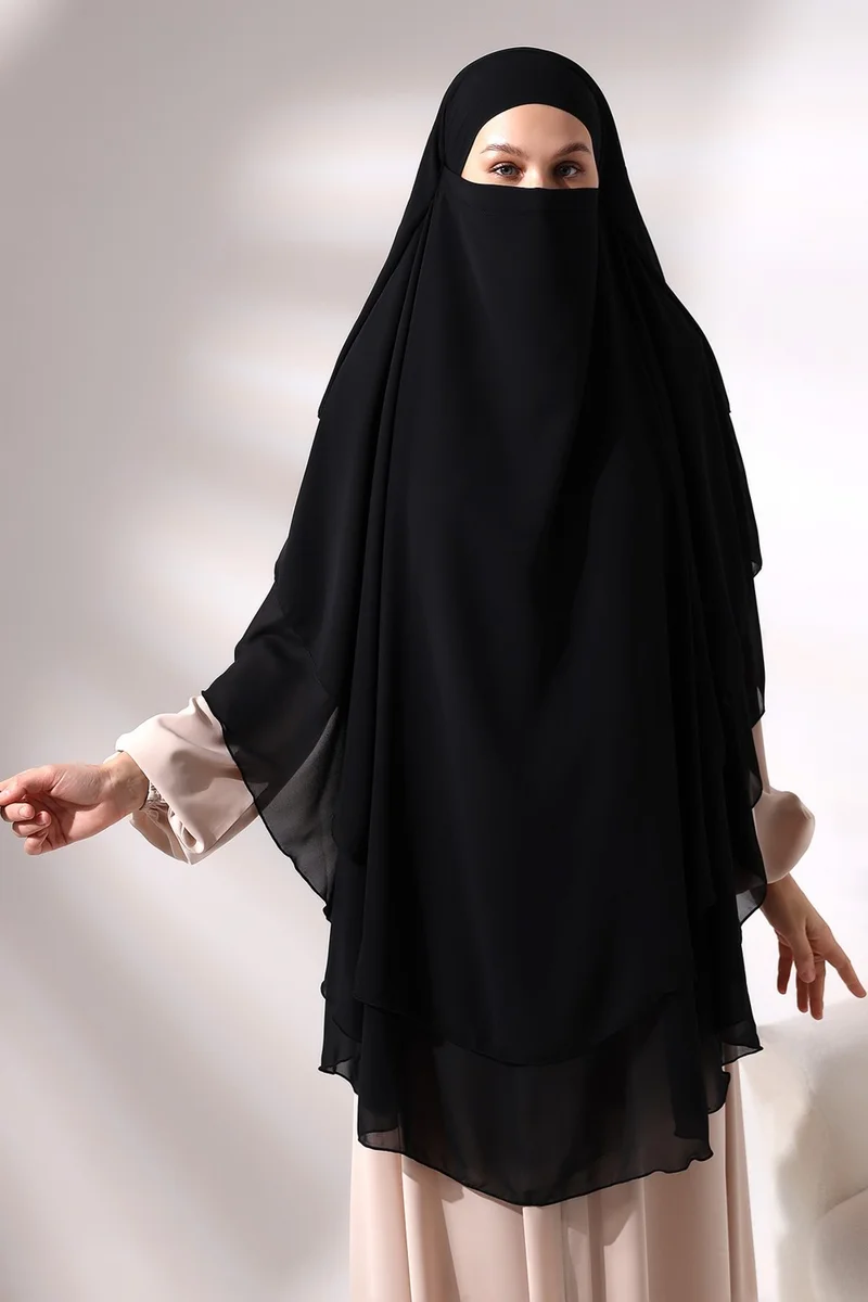 ايهفان Ihvan Black Chiffon Three Layer Veil Long Hijab Souffle Scarf