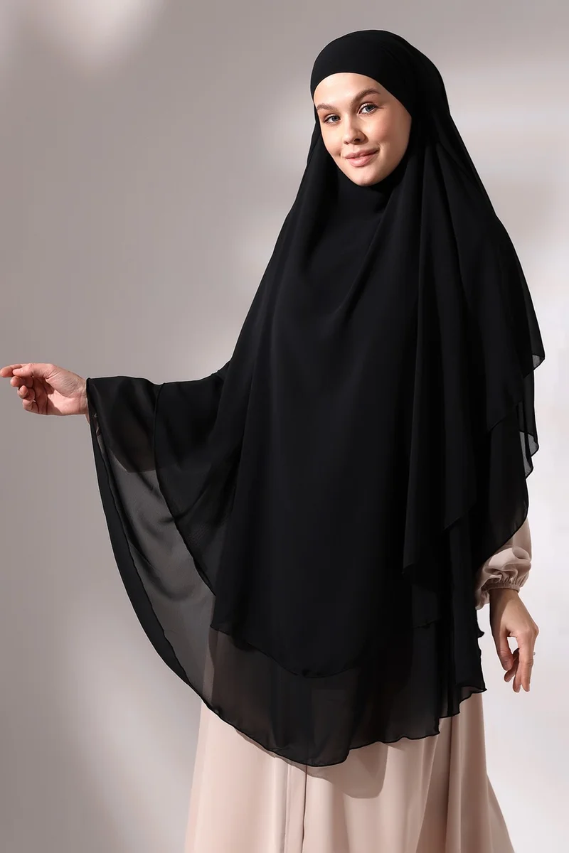 ايهفان Ihvan Black Chiffon Three Layer Veil Long Hijab Souffle Scarf