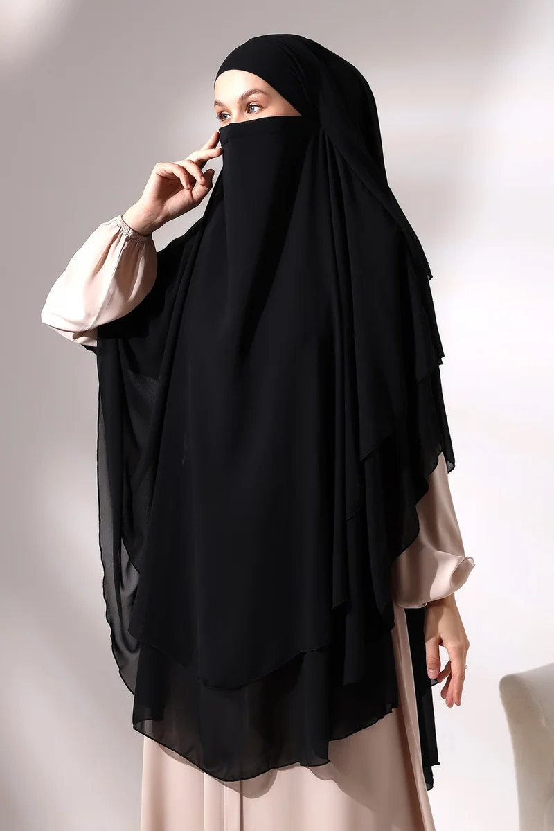 ايهفان Ihvan Black Chiffon Three Layer Veil Long Hijab Souffle Scarf