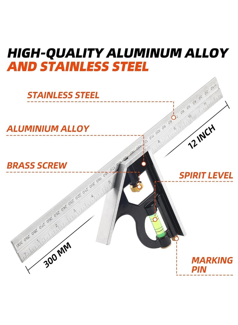 12-Inch Combination Square - Stainless Steel Combo Square for Woodworking, Accurate and Adjustable, Inch/Metric Measurement (300mm) - Image 2