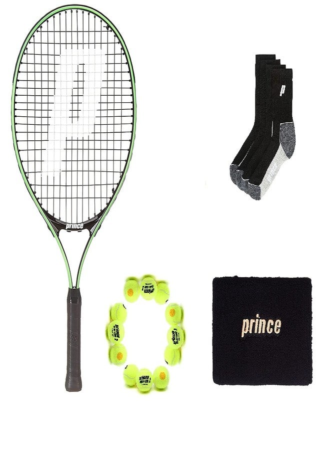 برنس مضرب تنس برينس تور 23 من الألومنيوم مع 12 كرة تنس برتقالية من المرحلة الثانية، وجوارب وسوار معصم أسود - Image 1