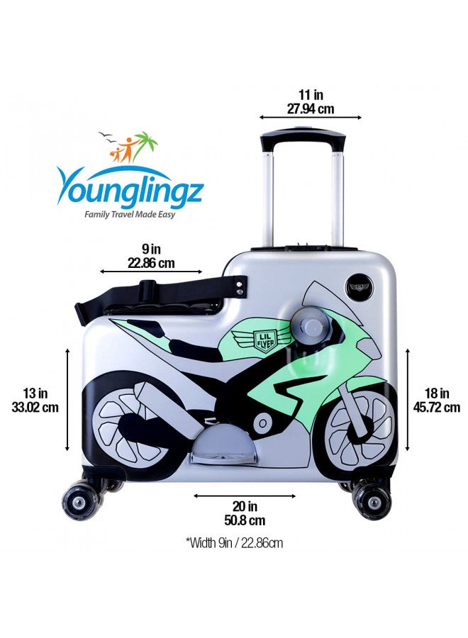Younglingz Lil Flyer 20" kid ride on suitcase child stroller spinner luggage (Green Motorcycle) - Image 1