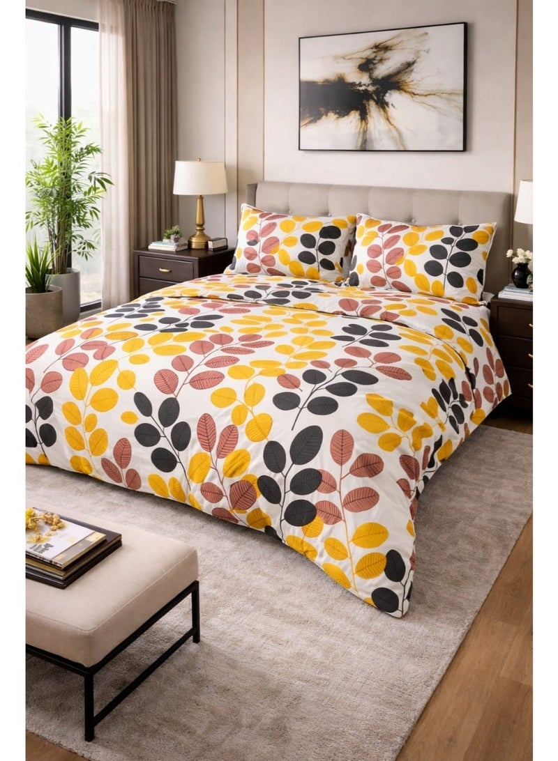 King Size Bedsheet Set with Leaf Print | Cotton Blend Bedsheet 240×220 cm | White Bedsheet with Orange & Black Leaves | Soft Breathable Fabric | Includes 2 Pillow Cover, Bed Sheet with 2 Pillow Covers - Image 1