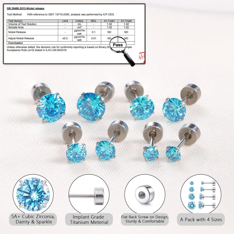limerencia 4 Pairs G23 Hypoallergenic Flat Back Titanium Earrings Set for Women Men,20G 3-6mm Screw Back Cubic Zirconia Studs Cartilage Earrings for Sensitive Ears - Image 4