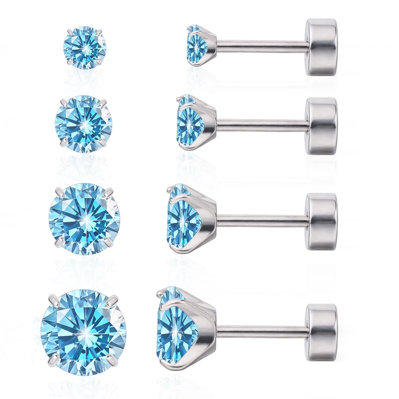 limerencia 4 Pairs G23 Hypoallergenic Flat Back Titanium Earrings Set for Women Men,20G 3-6mm Screw Back Cubic Zirconia Studs Cartilage Earrings for Sensitive Ears - Image 1