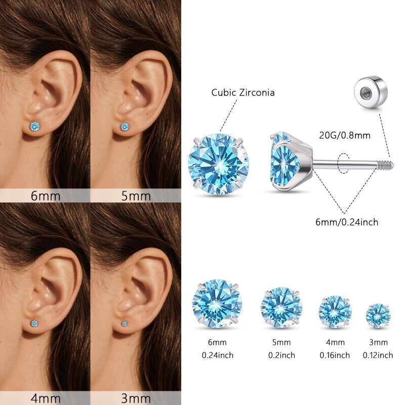 limerencia 4 Pairs G23 Hypoallergenic Flat Back Titanium Earrings Set for Women Men,20G 3-6mm Screw Back Cubic Zirconia Studs Cartilage Earrings for Sensitive Ears - Image 3