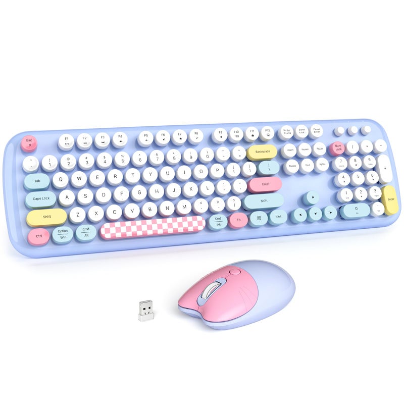 MOWUX Wireless Keyboard and Mouse Combo for Windows, MOWUX 2.4G Full-Sized External Cordless Computer Keyboard, Compact Mouse, 8 Multimedia and Shortcut Keys, for PC, Laptop - Light Blue Colorful - Image 1