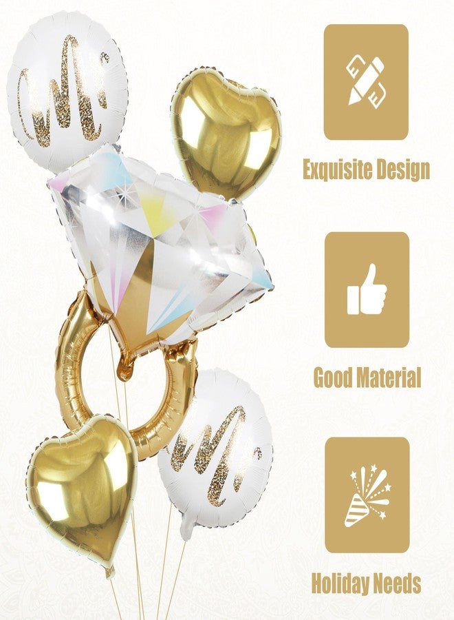 Ysqool 5Pcs Diamond Ring Wedding Balloons, Gold Heart Mylar Balloons for Wedding, Marriage Engagement, Bridal Shower Party Decorations - Image 3