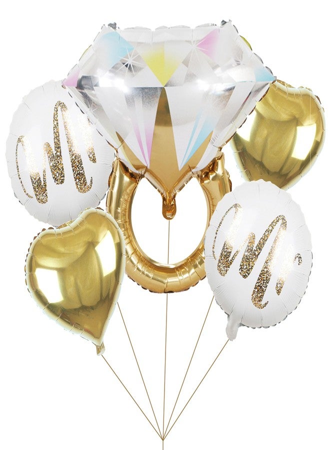 Ysqool 5Pcs Diamond Ring Wedding Balloons, Gold Heart Mylar Balloons for Wedding, Marriage Engagement, Bridal Shower Party Decorations - Image 1