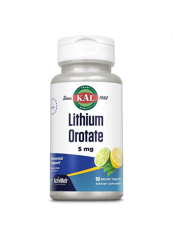 KAL Lithium Orotate ActivMelt 5mg, Chelated Lithium for Optimal Absorption and Bioavailability, Healthy Mood Support, Natural Lemon Lime Flavor, Instant Dissolve Tablets, 90 Servings, 90 Micro Tablets - Image 1