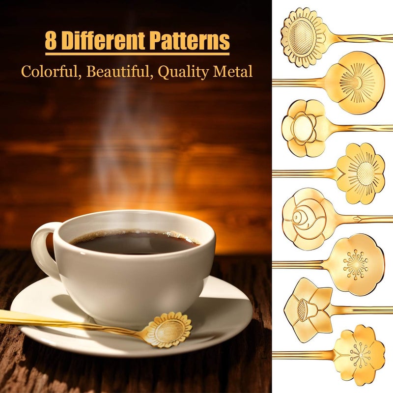 Chengu 8 Pieces Flower Coffee Teaspoon Set - Stainless Steel Tableware Creative Sugar Spoon, Tea Stir Bar, 8 Different Patterns (Gold) - Image 2