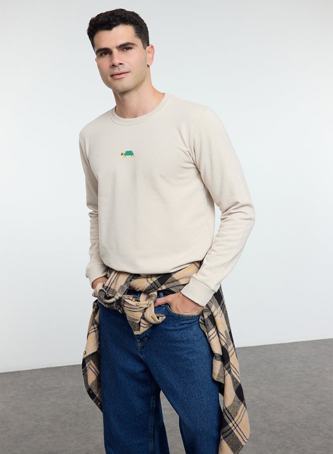 trendyol Stone Regular/Normal Cut Crew Neck Etamine Animal Embroidered Sweatshirt - Image 2