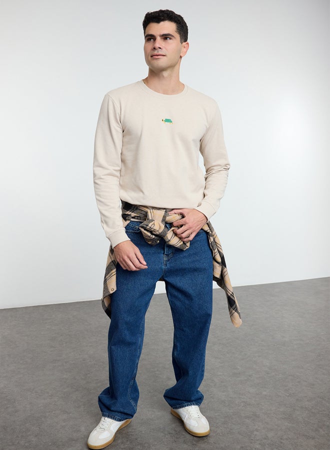 trendyol Stone Regular/Normal Cut Crew Neck Etamine Animal Embroidered Sweatshirt - Image 1