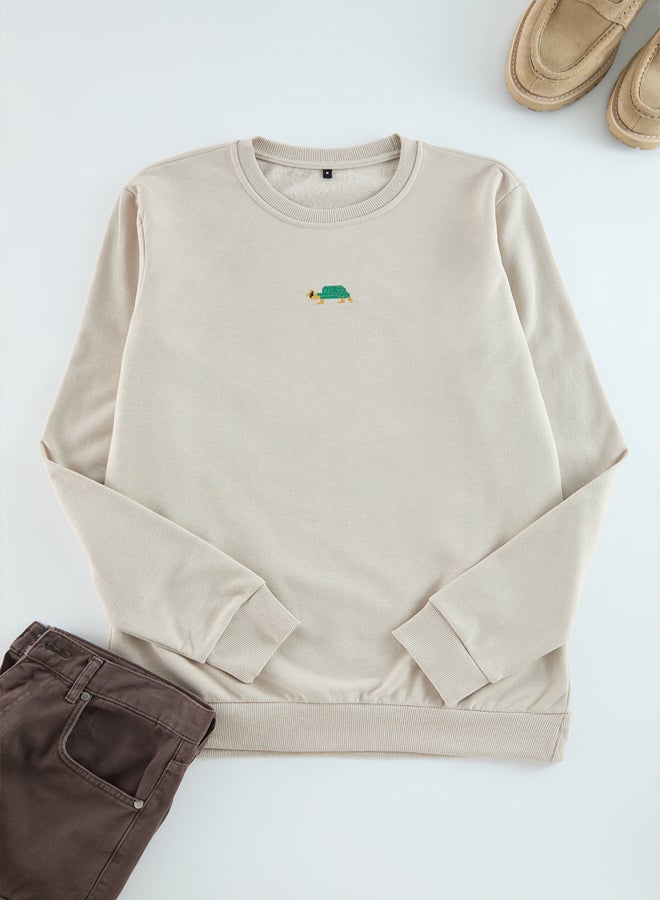 trendyol Stone Regular/Normal Cut Crew Neck Etamine Animal Embroidered Sweatshirt - Image 5