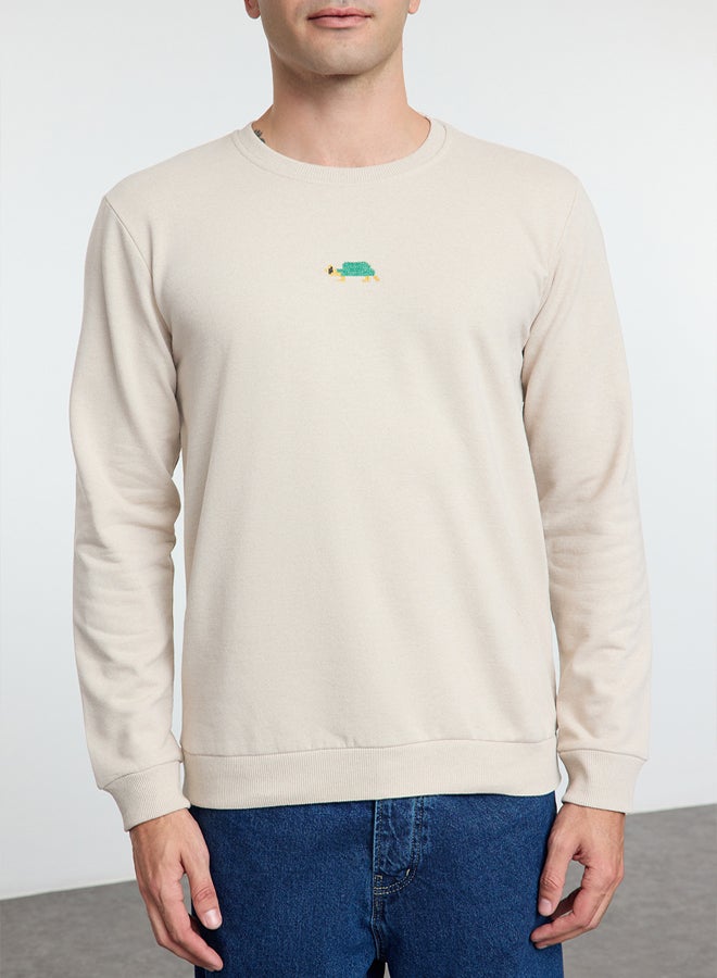 trendyol Stone Regular/Normal Cut Crew Neck Etamine Animal Embroidered Sweatshirt - Image 3
