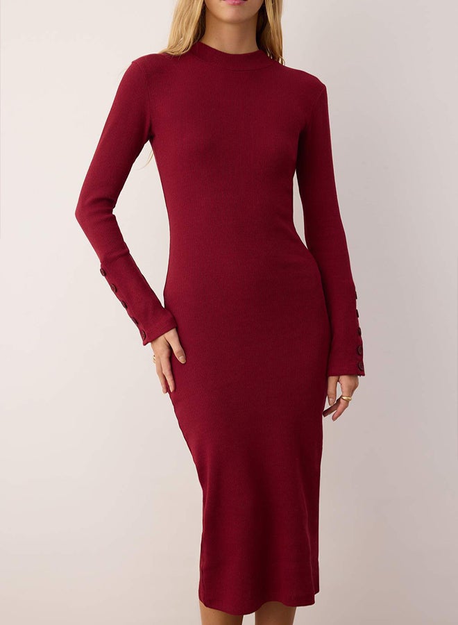 trendyol Burgundy Stand Collar Fitted/Bodycon Button Midi Knitted Dress - Image 3