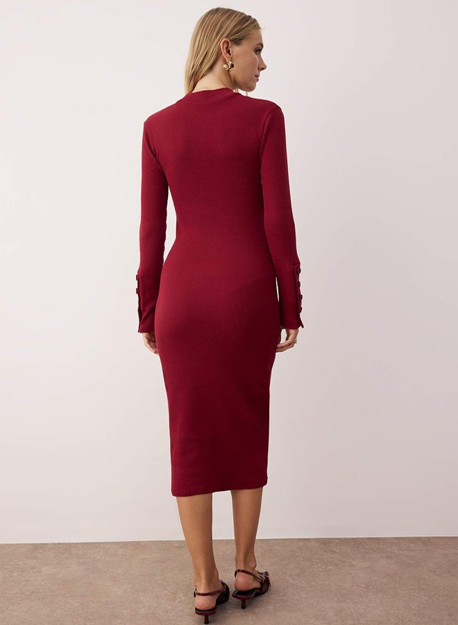 trendyol Burgundy Stand Collar Fitted/Bodycon Button Midi Knitted Dress - Image 4