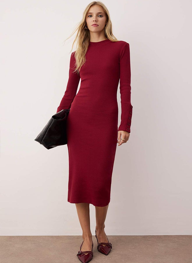 trendyol Burgundy Stand Collar Fitted/Bodycon Button Midi Knitted Dress - Image 1