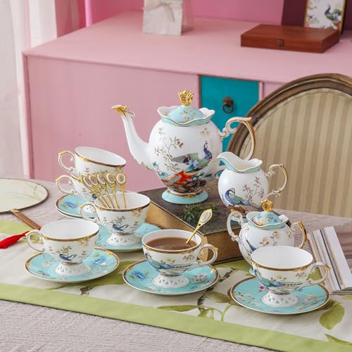 ACMLIFE Fine Bone China Tea Set with Teapot, Porcelain Tea Sets for Adults, 21-Piece Vintage Tea Set for 6, 24K Gold Blue English Floral Bone China Tea Sets for Women Tea Party for Gifts - Image 2