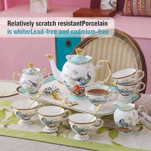 ACMLIFE Fine Bone China Tea Set with Teapot, Porcelain Tea Sets for Adults, 21-Piece Vintage Tea Set for 6, 24K Gold Blue English Floral Bone China Tea Sets for Women Tea Party for Gifts - Image 4