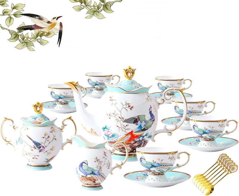 ACMLIFE Fine Bone China Tea Set with Teapot, Porcelain Tea Sets for Adults, 21-Piece Vintage Tea Set for 6, 24K Gold Blue English Floral Bone China Tea Sets for Women Tea Party for Gifts - Image 1