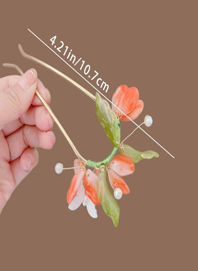 قطعتان من دبابيس الشعر الصينية المزينة باللؤلؤ والزهور، دبابيس شعر كلاسيكية عتيقة الطراز، دبابيس شعر معدنية صينية، دبابيس شعر عصرية مضادة للانزلاق، إكسسوارات شعر تقليدية أنيقة للنساء والفتيات ذوات الشعر الطويل (برتقالي) - Image 2