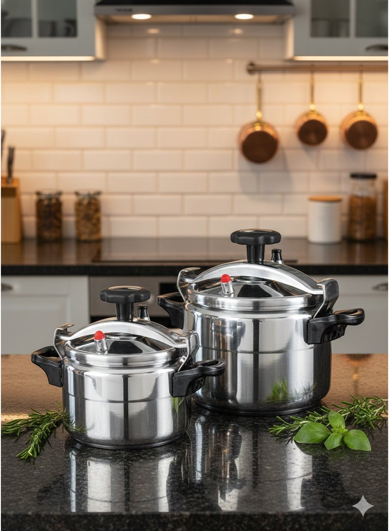 REFURA 2 Piece Combo of Refura 5 Litre & Microplus 3 Litre Aluminum Pressure Cooker | Pressure Pot | Arabic Cooker Silver PS-624 + RE-605 - Image 1