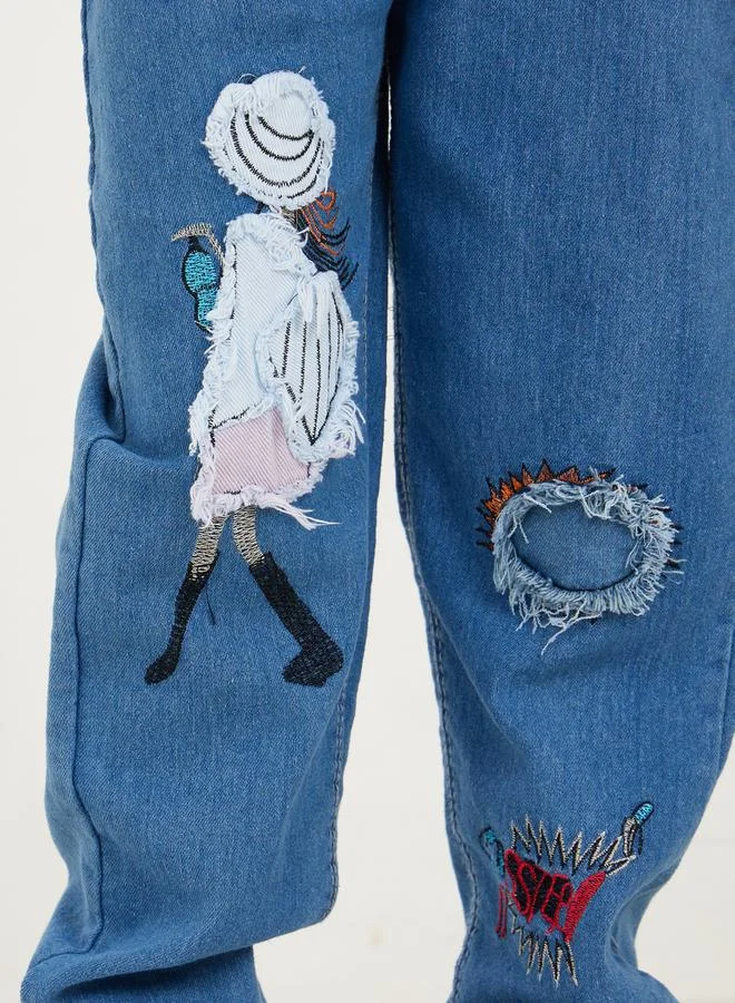 Styli Distress Patch Detail Graphic Print Relax Jeans