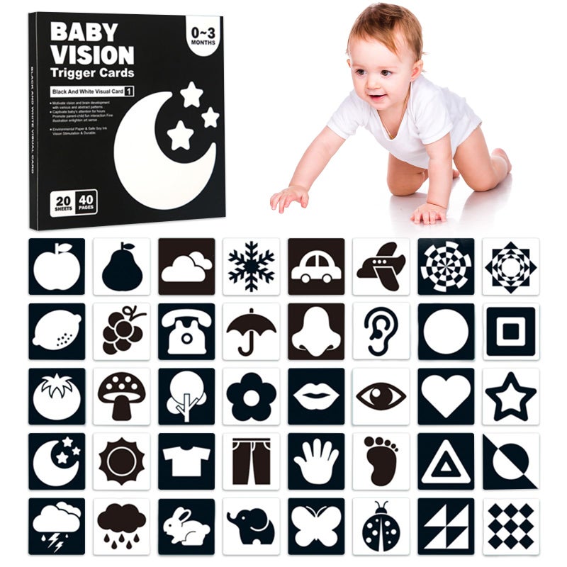 40 Sides Baby Sensory Cards, High Contrast Black and White Sensory Toys, Double-Sided Baby Flash Cards for 0-3 Months Visual Stimulation Early Education Newborn Essensials Gift (20 PCS)