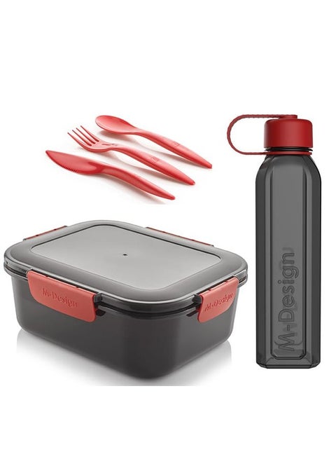 طقم لانش بوكس 2.1 + زجاجة 800 مل + طقم طعام 3 ق - أسود