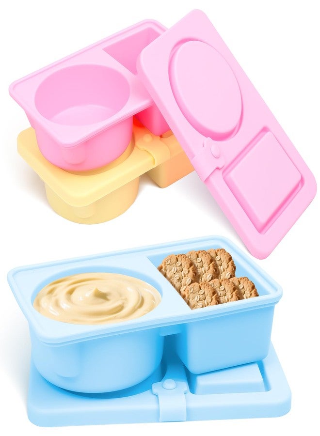 TULOBI 3 Pack Silicone Reusable Snack Containers with Lids, Cute Double Compartment Snackle Box Containersfor Dips Salad Condiment, Small Food Snack Case for Travel, School, Picnics - Image 1